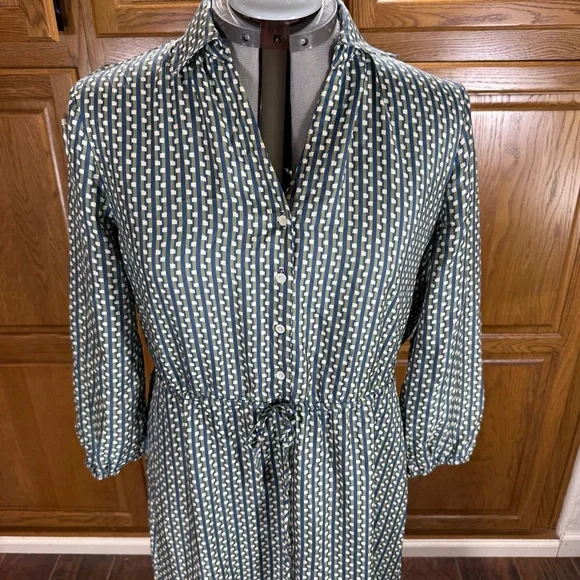 J. McLaughlin Green Blue Geometric Silk Shirt Dress Drawstring Waist L - Picture 4 of 13